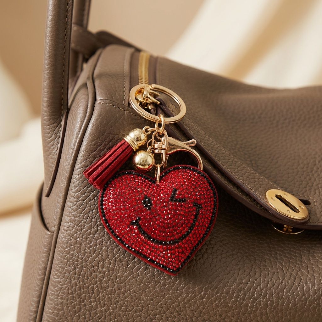 Keychain Red Puffy Smile Heart Sparkle Purse Charm
