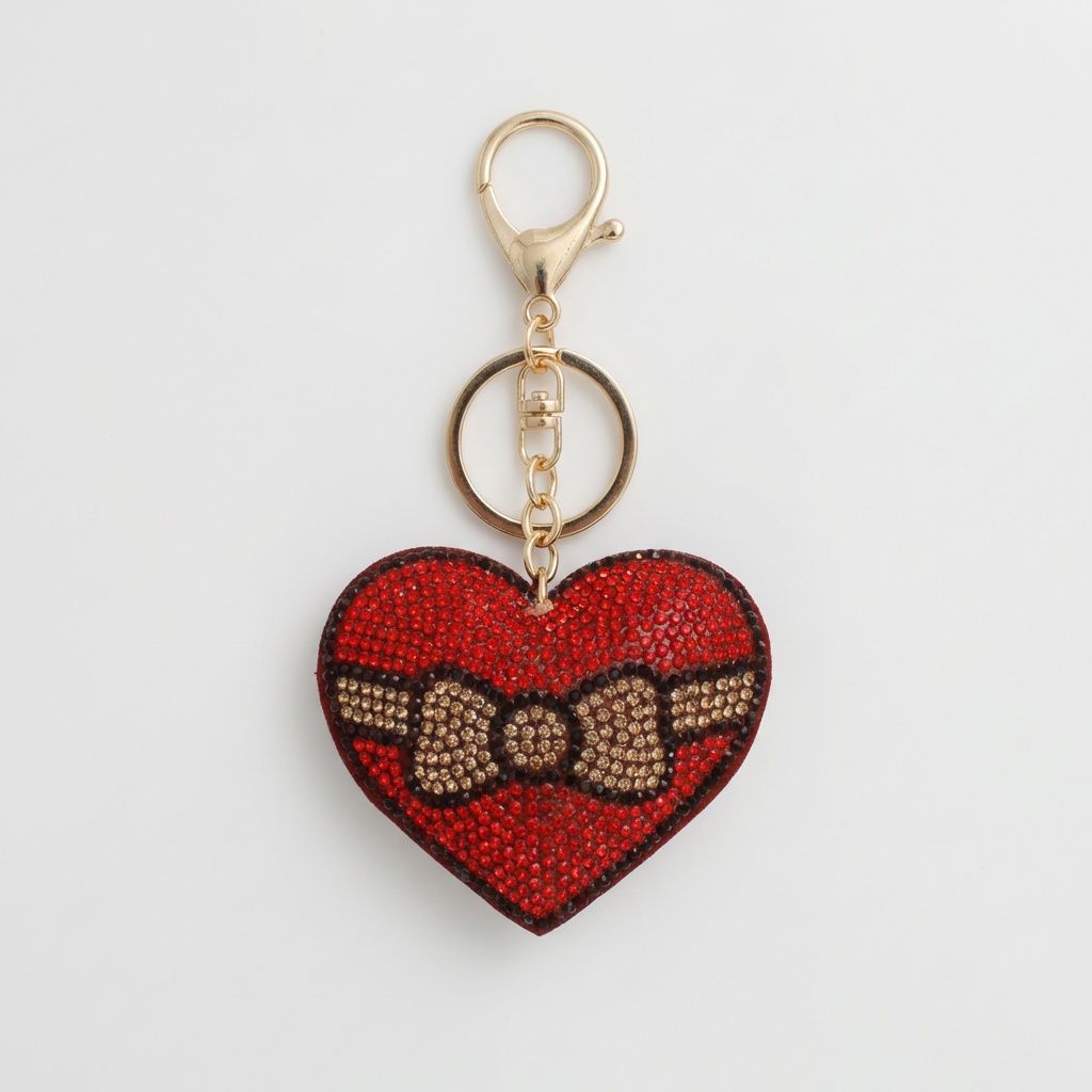 Keychain Red Puffy Bow Heart Sparkle Purse Charm