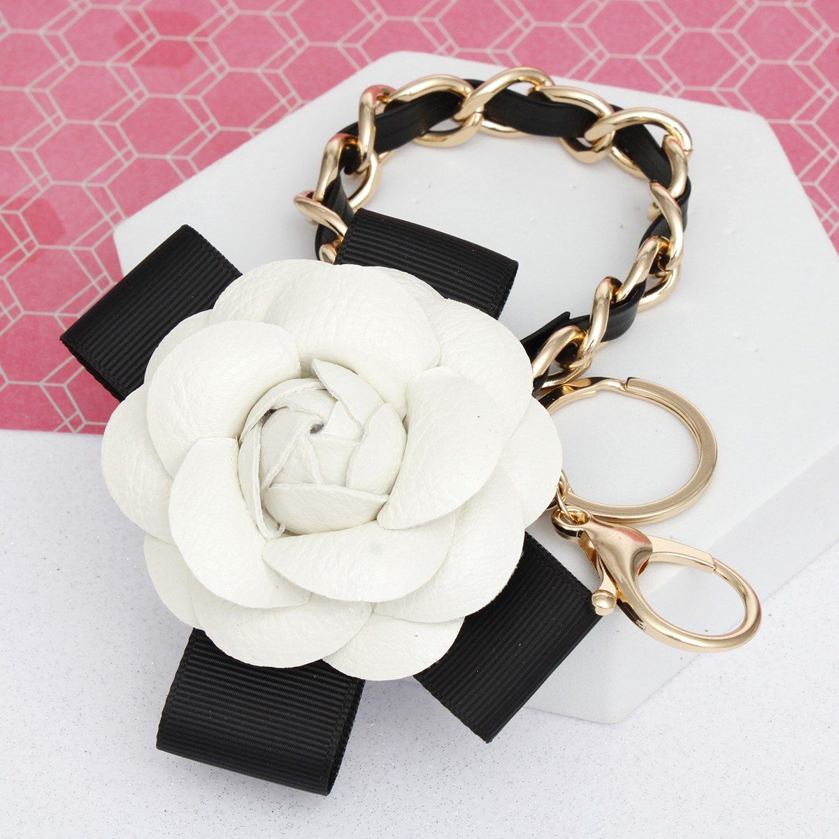 Keychain White Camellia Gold Chain Handbag Clip