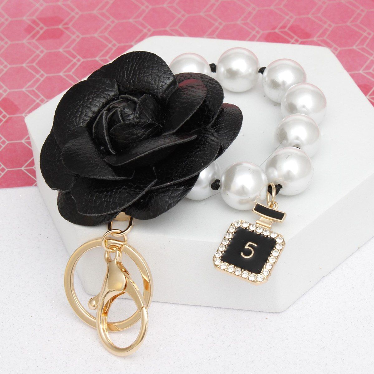 Keychain Black Camellia Pearl Wristlet Bag Clip