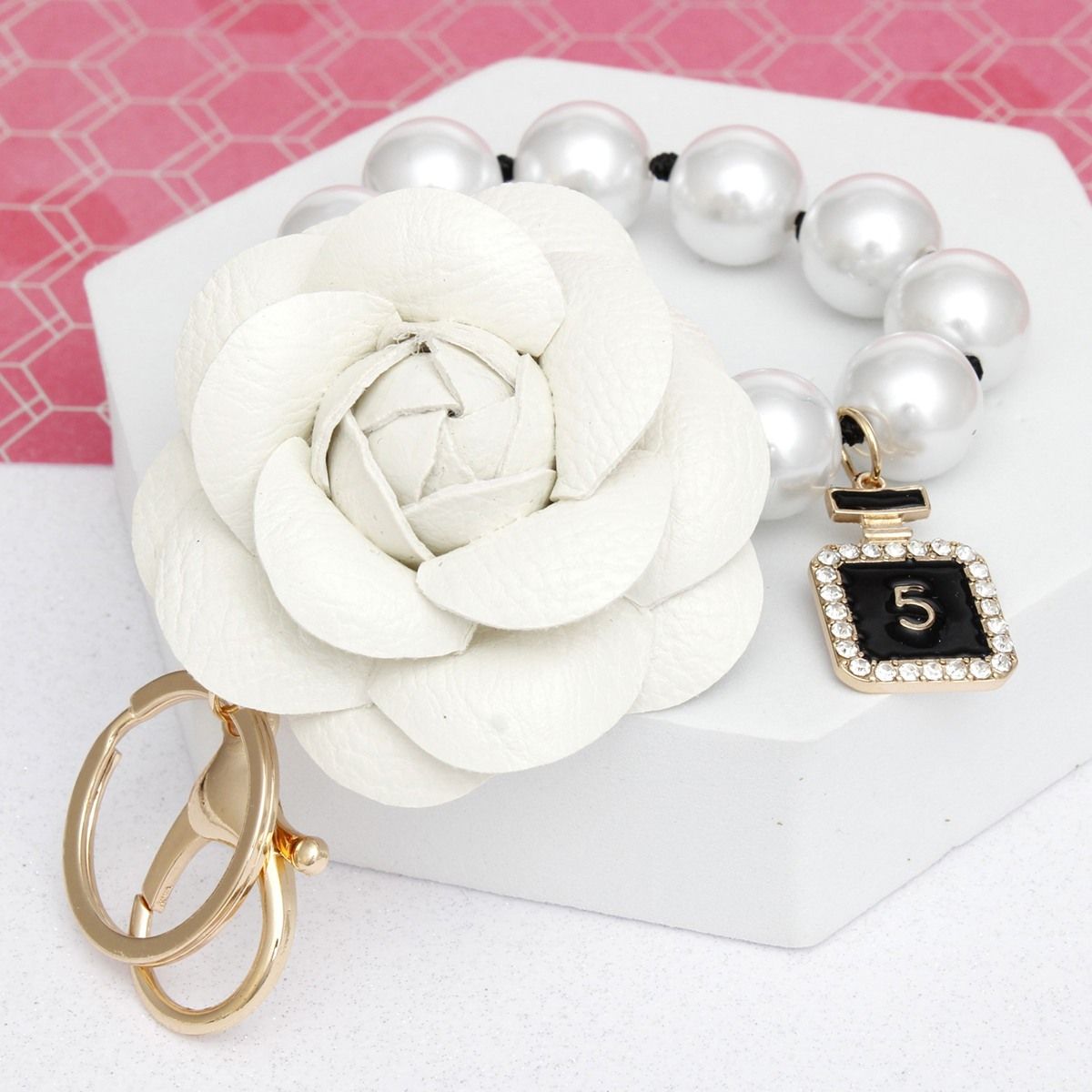 Keychain White Camellia Pearl Wristlet Bag Clip