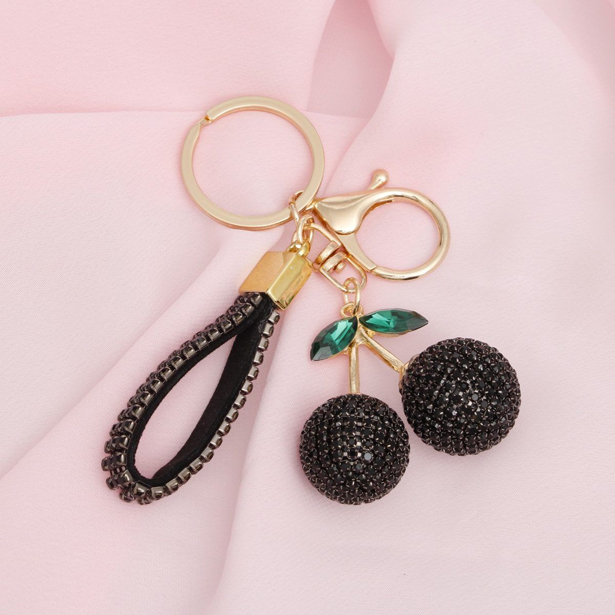 Keychain Black Rhinestone Crusted Cherry Bag clip