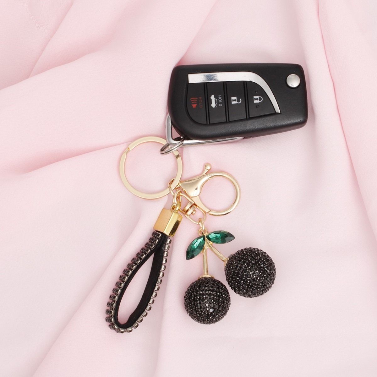 Keychain Black Rhinestone Crusted Cherry Bag clip