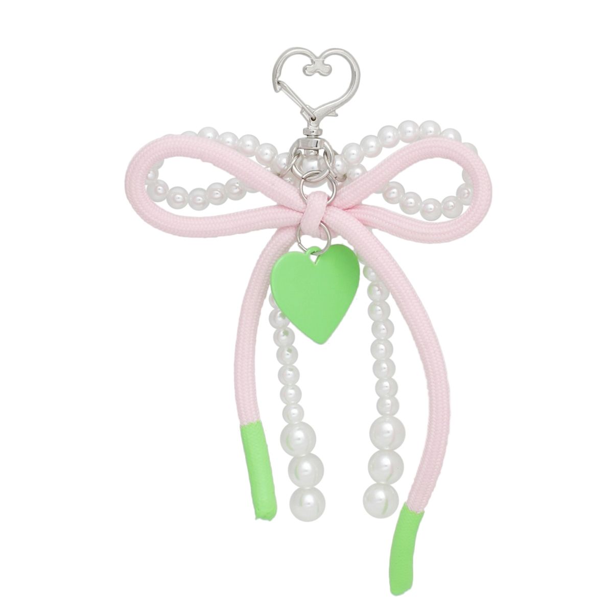 AKA White Pearl and Pink Cord Bows Heart Bag Clip