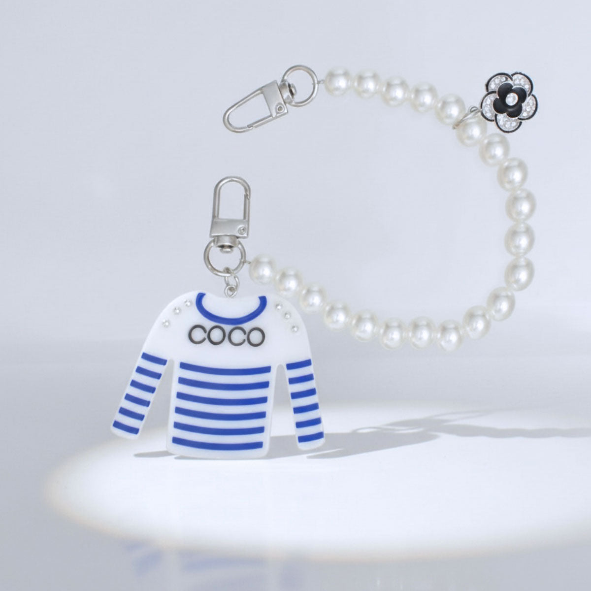 Keychain White Blue Stripe COCO Shirt Pearl Clip