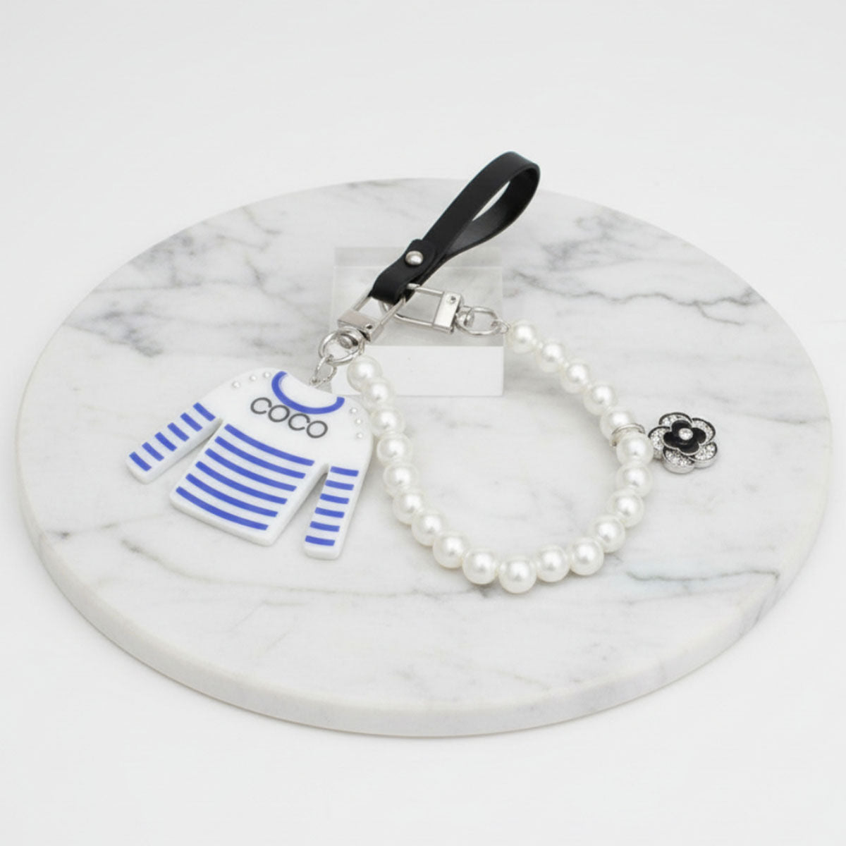 Keychain White Blue Stripe COCO Shirt Pearl Clip
