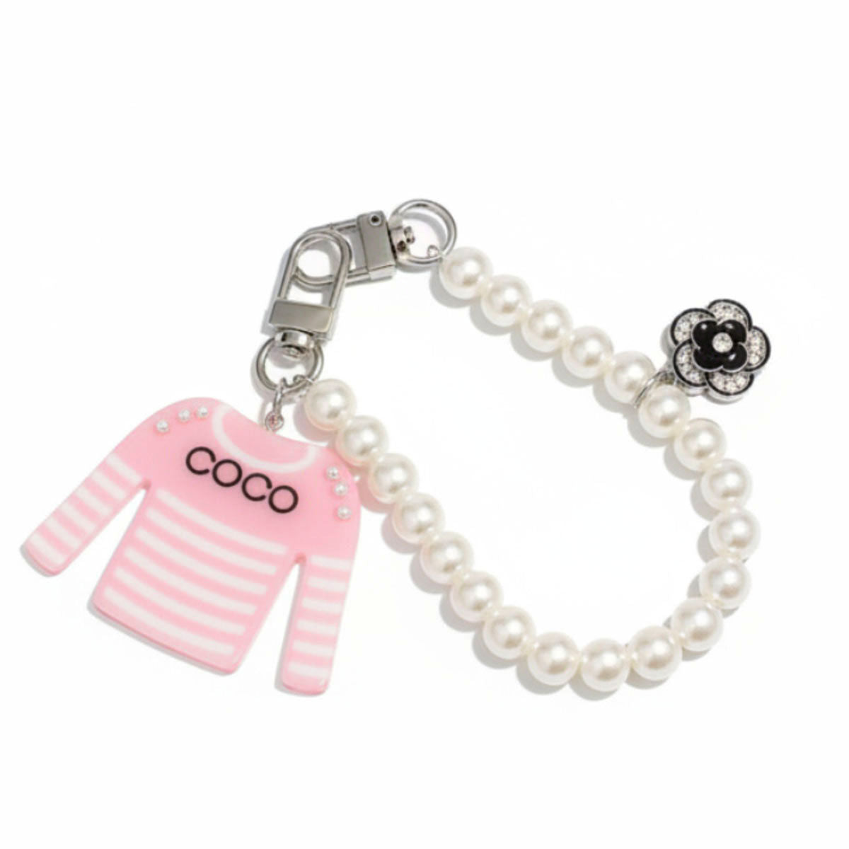 Keychain Pink White Stripe COCO Shirt Pearl Clip