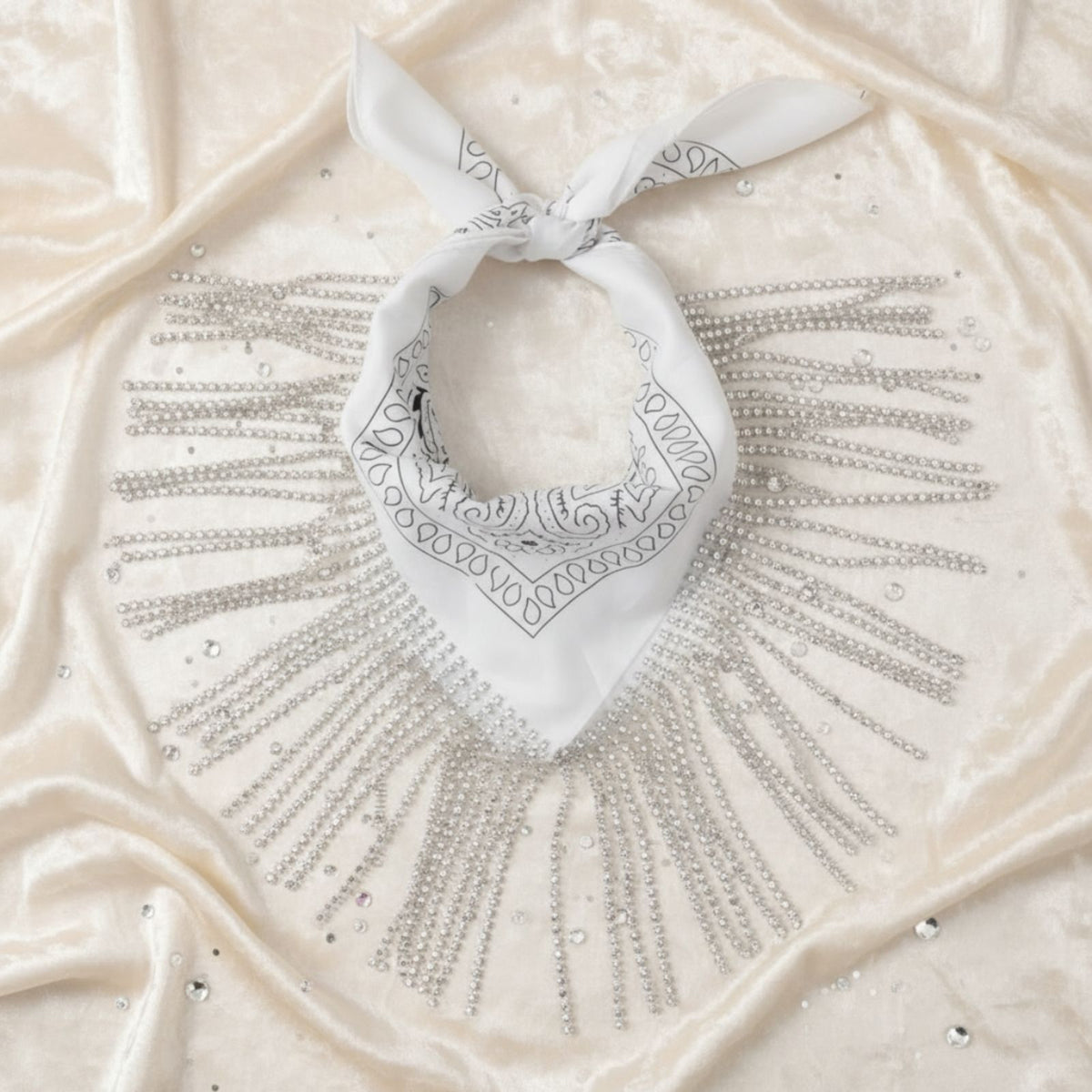 Necklace White Bandana Bling Fringe Scarf