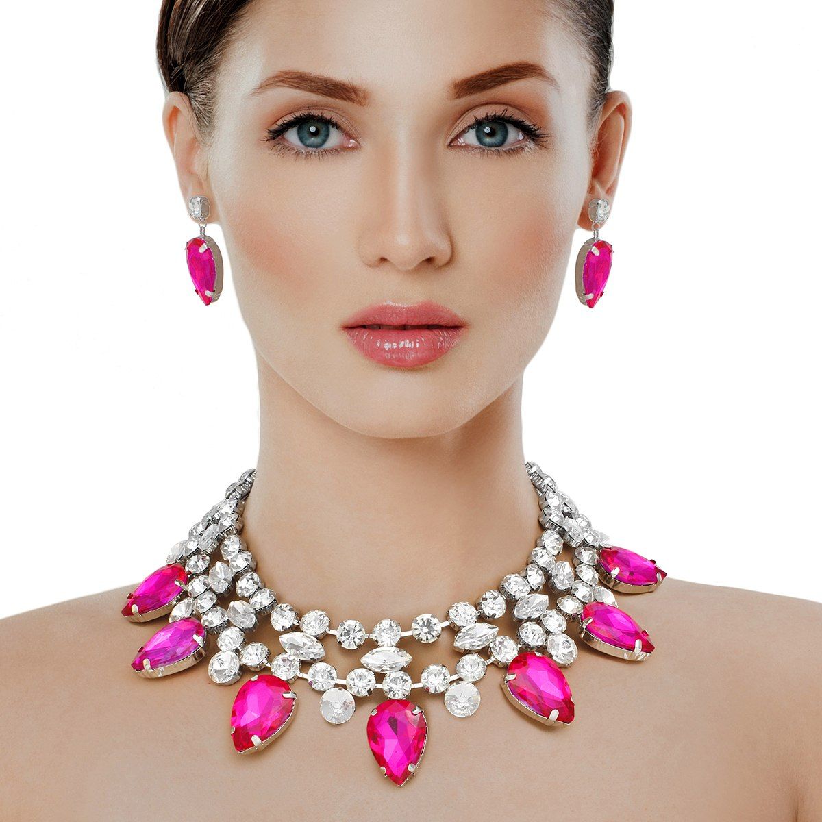 Formal Brilliant Fuchsia Teardrop Crystal Necklace
