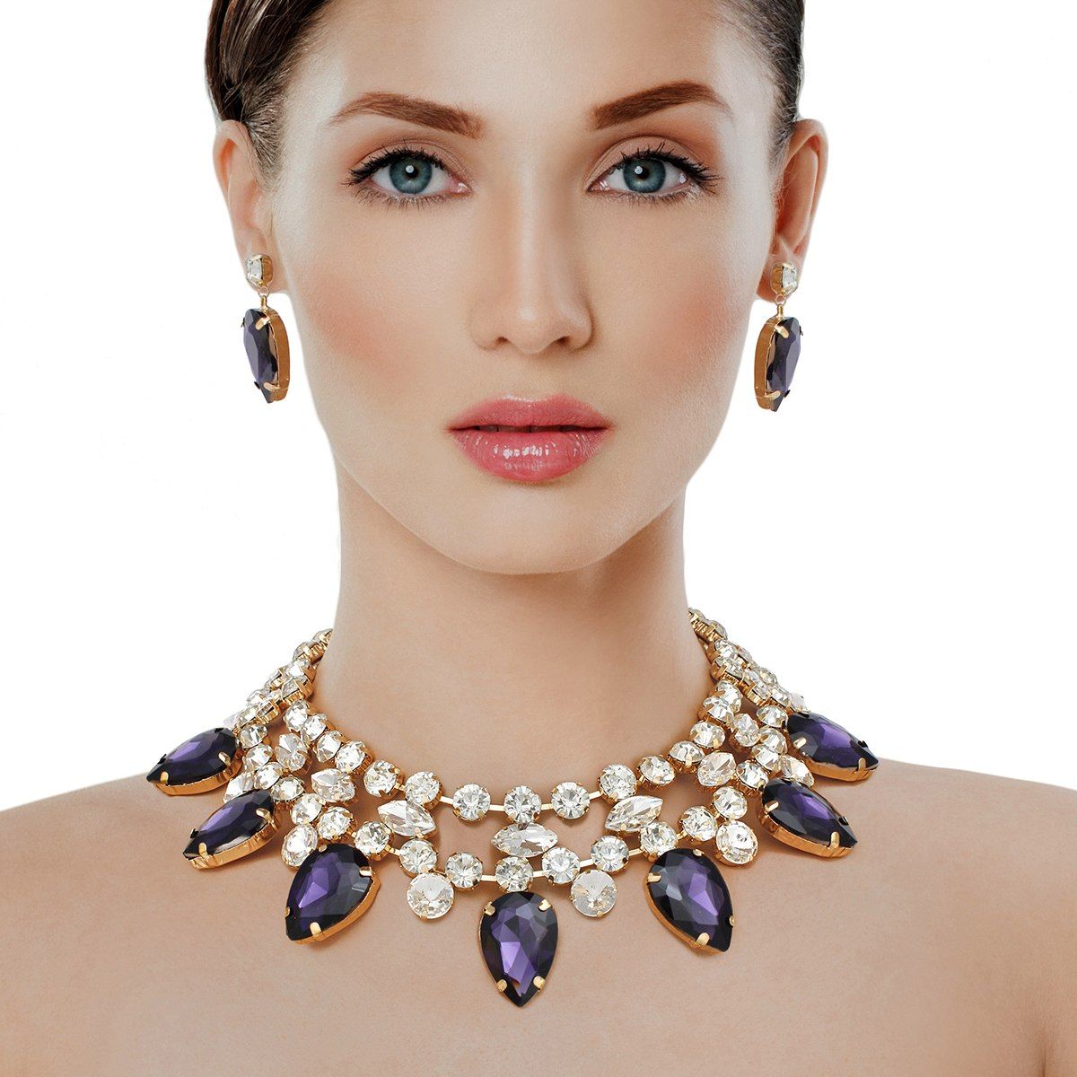 Formal Brilliant Purple Teardrop Crystal Necklace