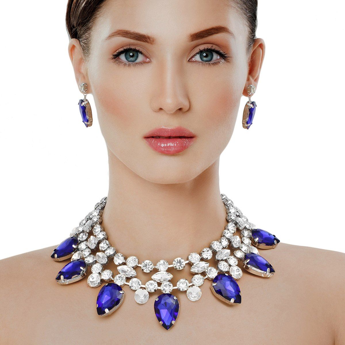 Formal Brilliant Blue Teardrop Crystal Necklace