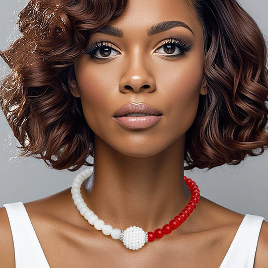 DST Sorority Red White Pearl Glass Bead Necklace