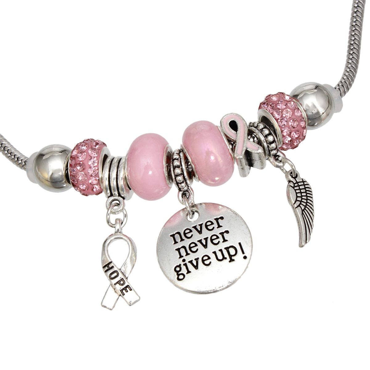 Breast Cancer Silver Never Give Up Charm Necklace