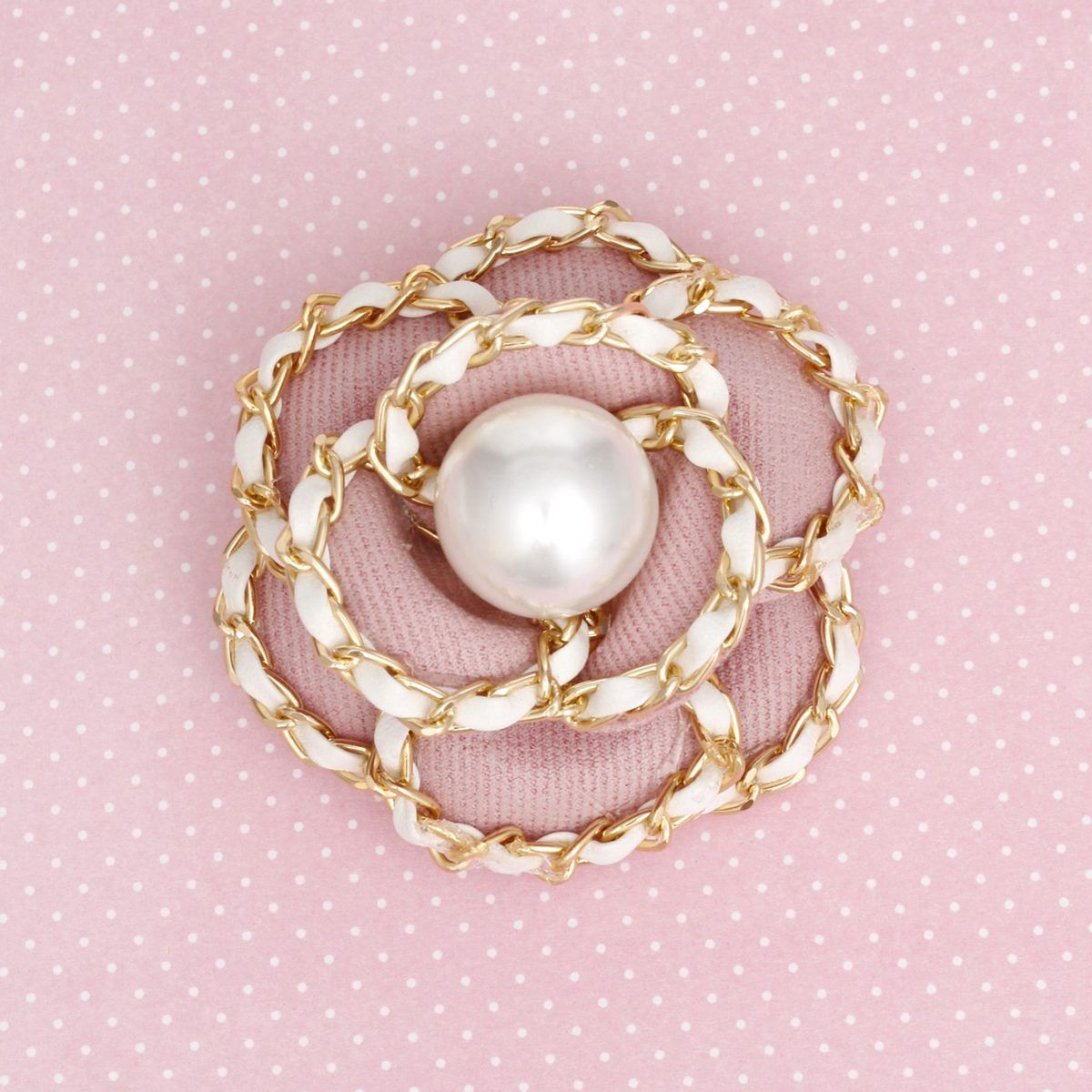 Brooch Clip Pink Pearl Chain Edge Camellia Flower