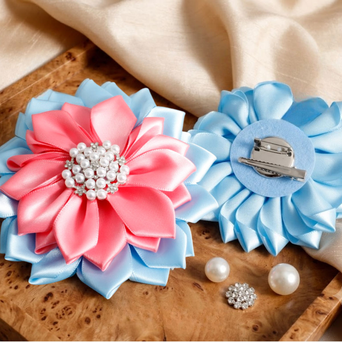 Jack and Jill Blue Pink Flower Pearl Clip and Brooch