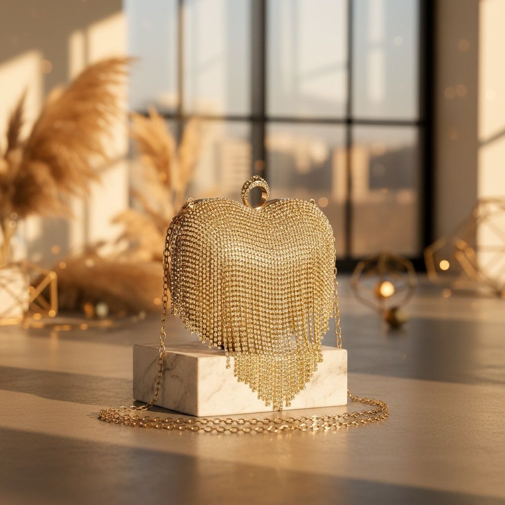 Clutch Gold Rhinestone Fringe Heart Hardcase Bag
