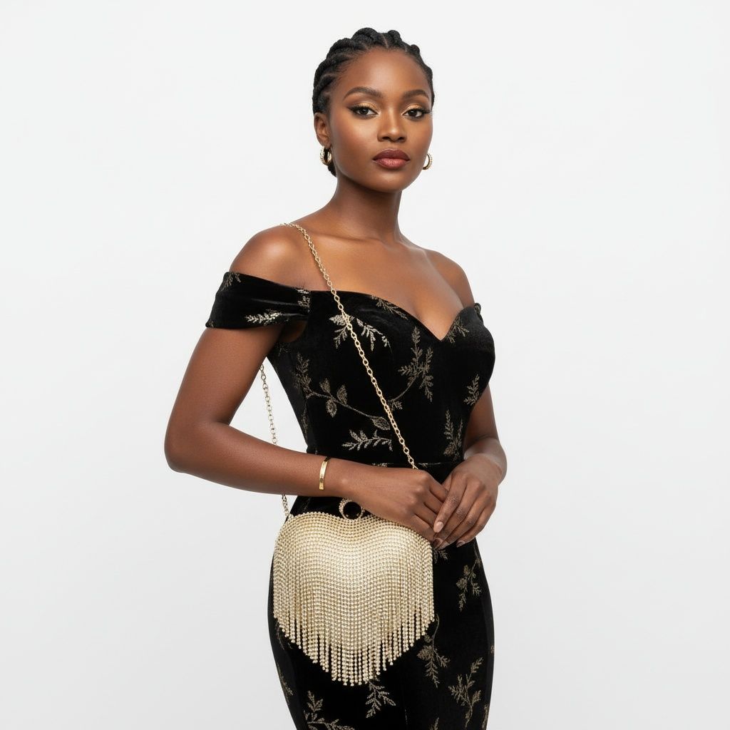 Clutch Gold Rhinestone Fringe Heart Hardcase Bag
