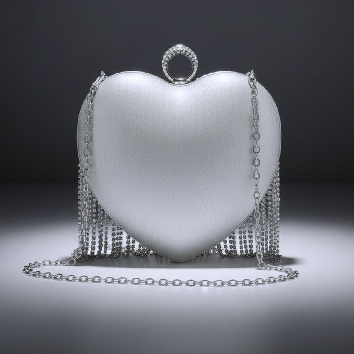 Clutch Silver Rhinestone Fringe Heart Hardcase Bag