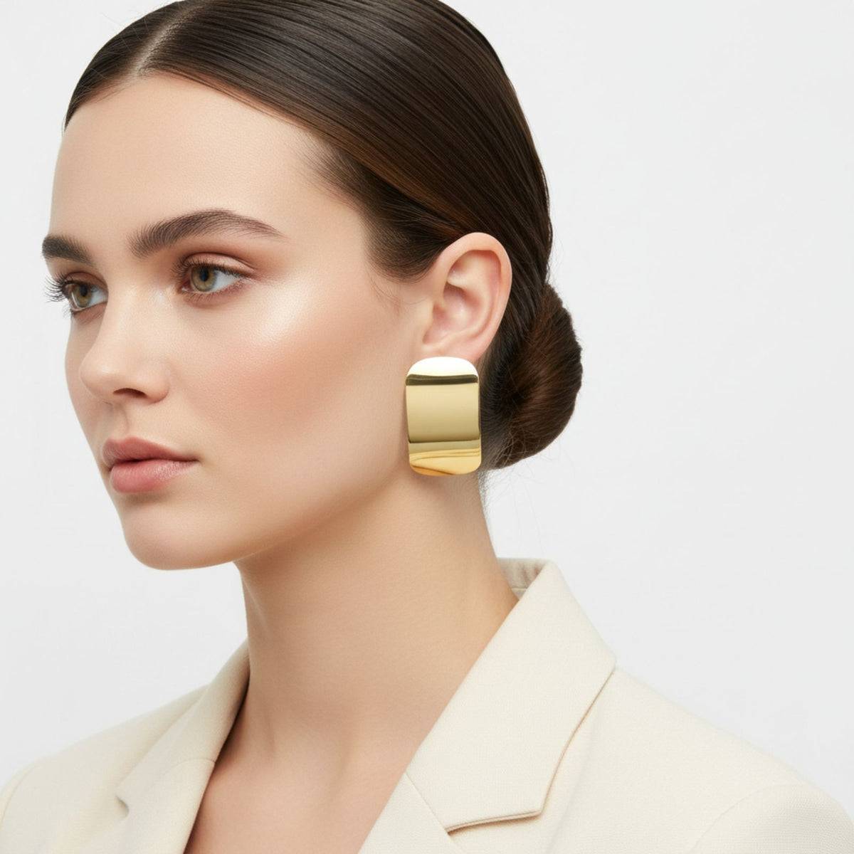 18K Gold Steel Curved Rectangle Disc Stud Earrings