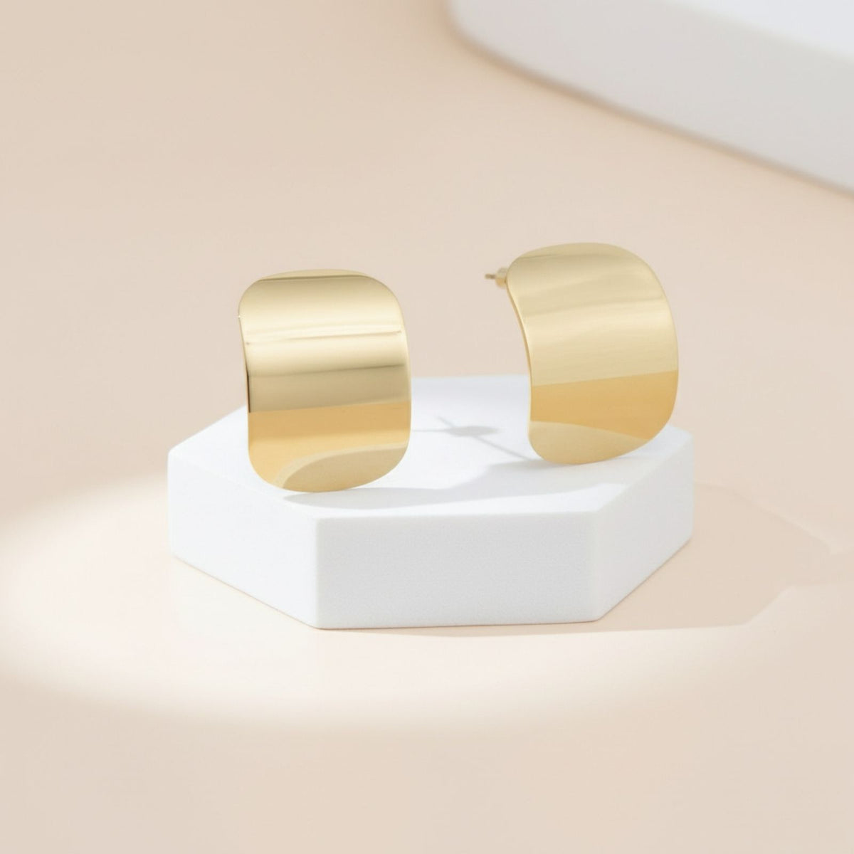 18K Gold Steel Curved Rectangle Disc Stud Earrings