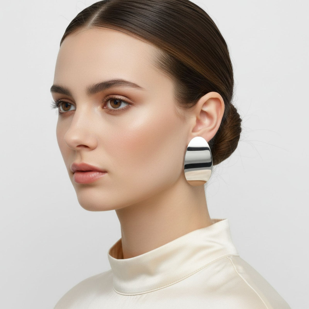 Stainless Steel Curved Oval Disc Earrings