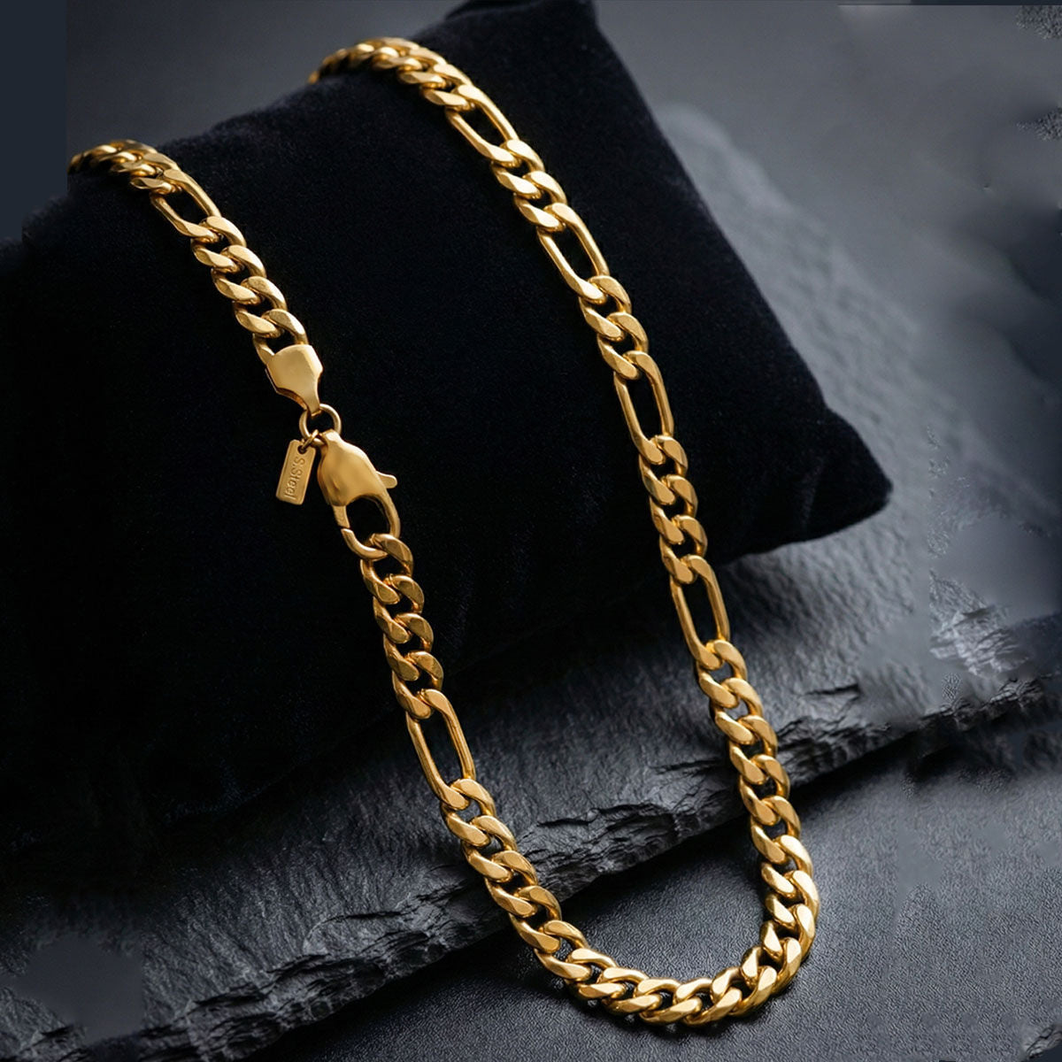 Mens 20in 7mm Gold 18K Stainless Steel Figaro Chain