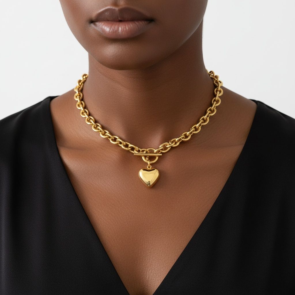 Gold 18K Steel Toggle Heart Rolo Chain Necklace