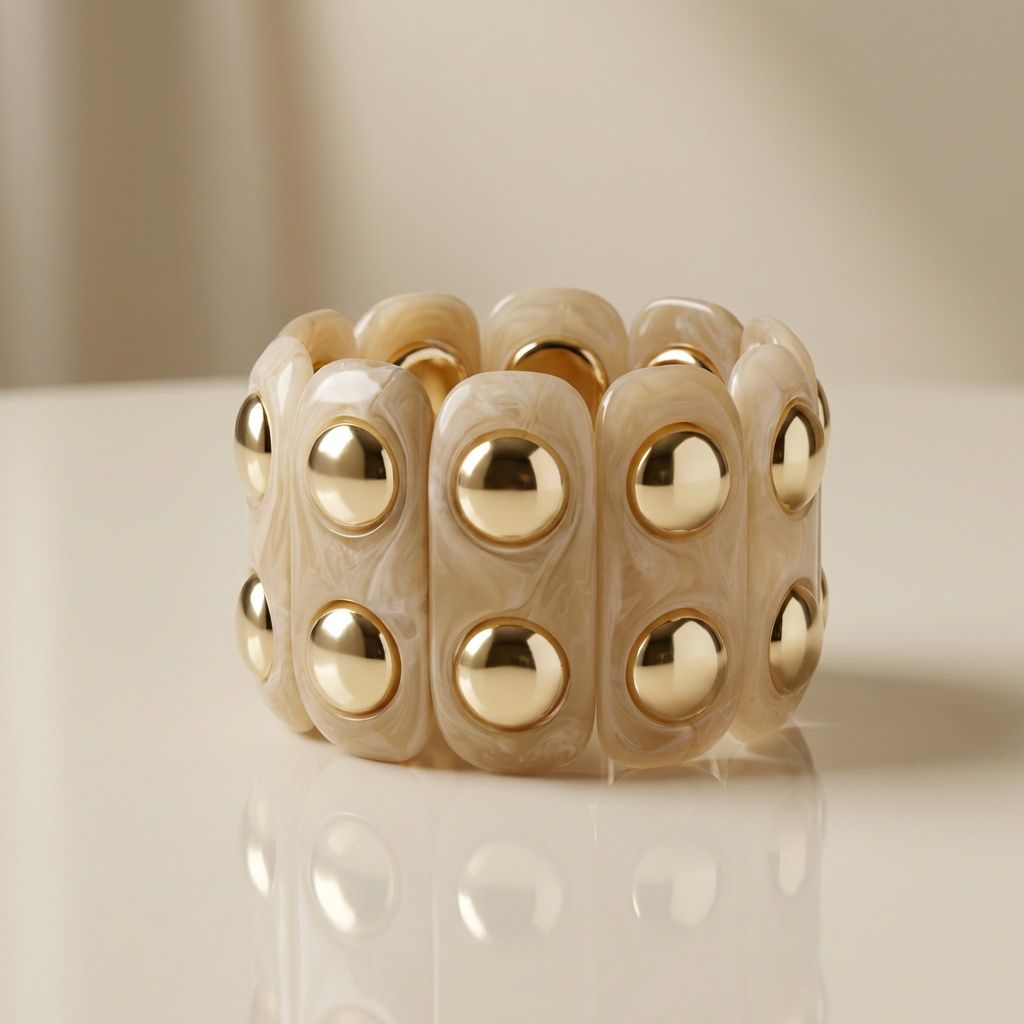 Stretch Vintage Beige Resin and Gold Stud Bracelet