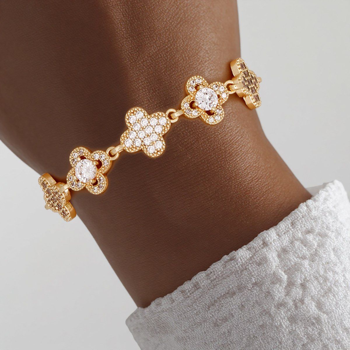 Tennis Bracelet Gold Brass CZ Clover Link Chain
