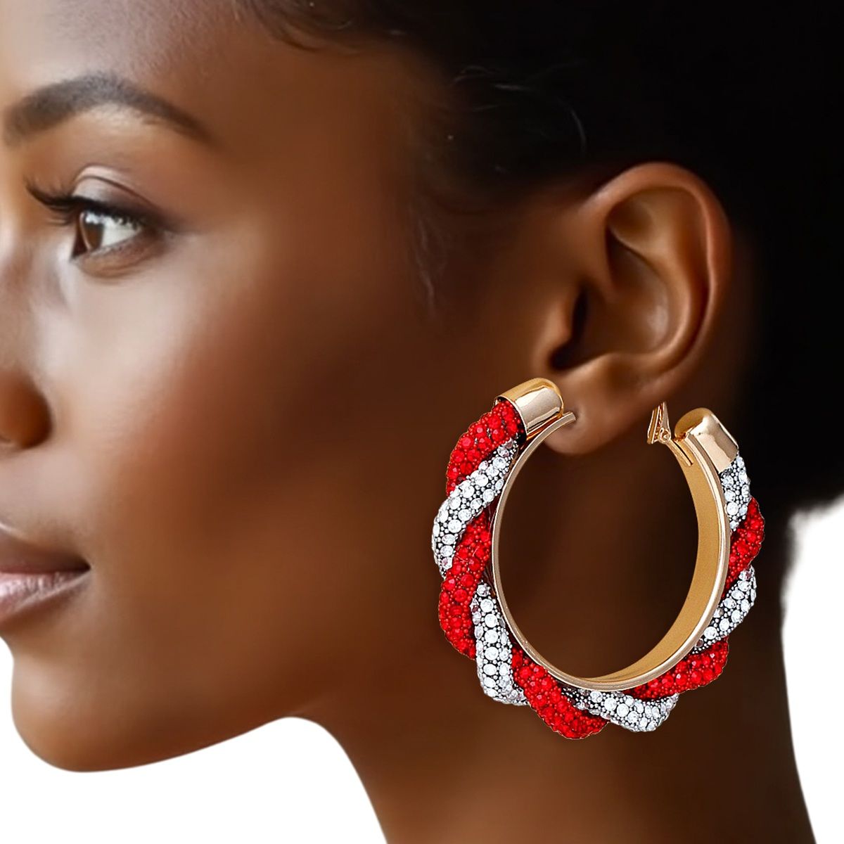 DST Vibrant Red Clear Twisted Hoop Earrings Women