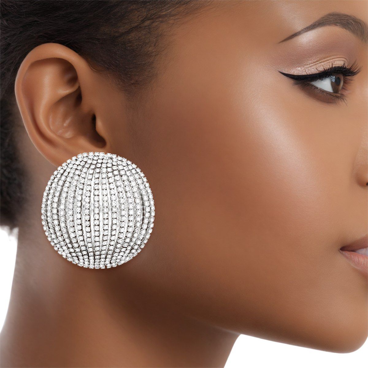 Stud Domed Silver Striped Shimmer Polished Earrings