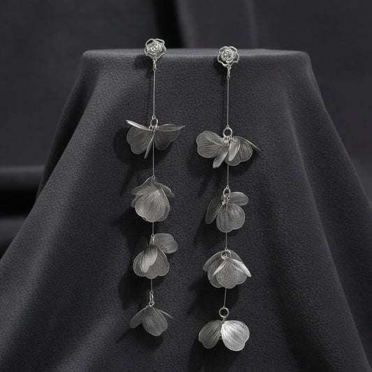 Long Dangle Silver Die Cut Metal Flower Earrings