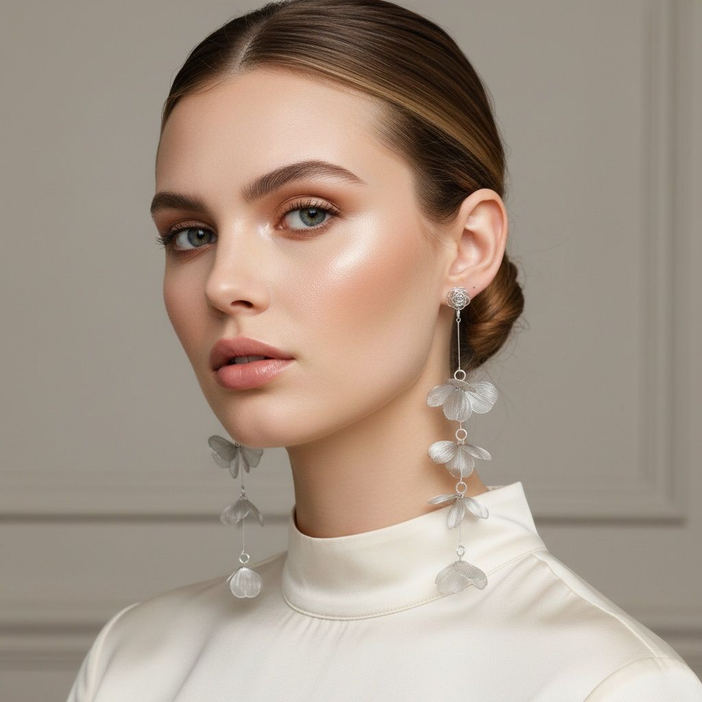 Long Dangle Silver Die Cut Metal Flower Earrings