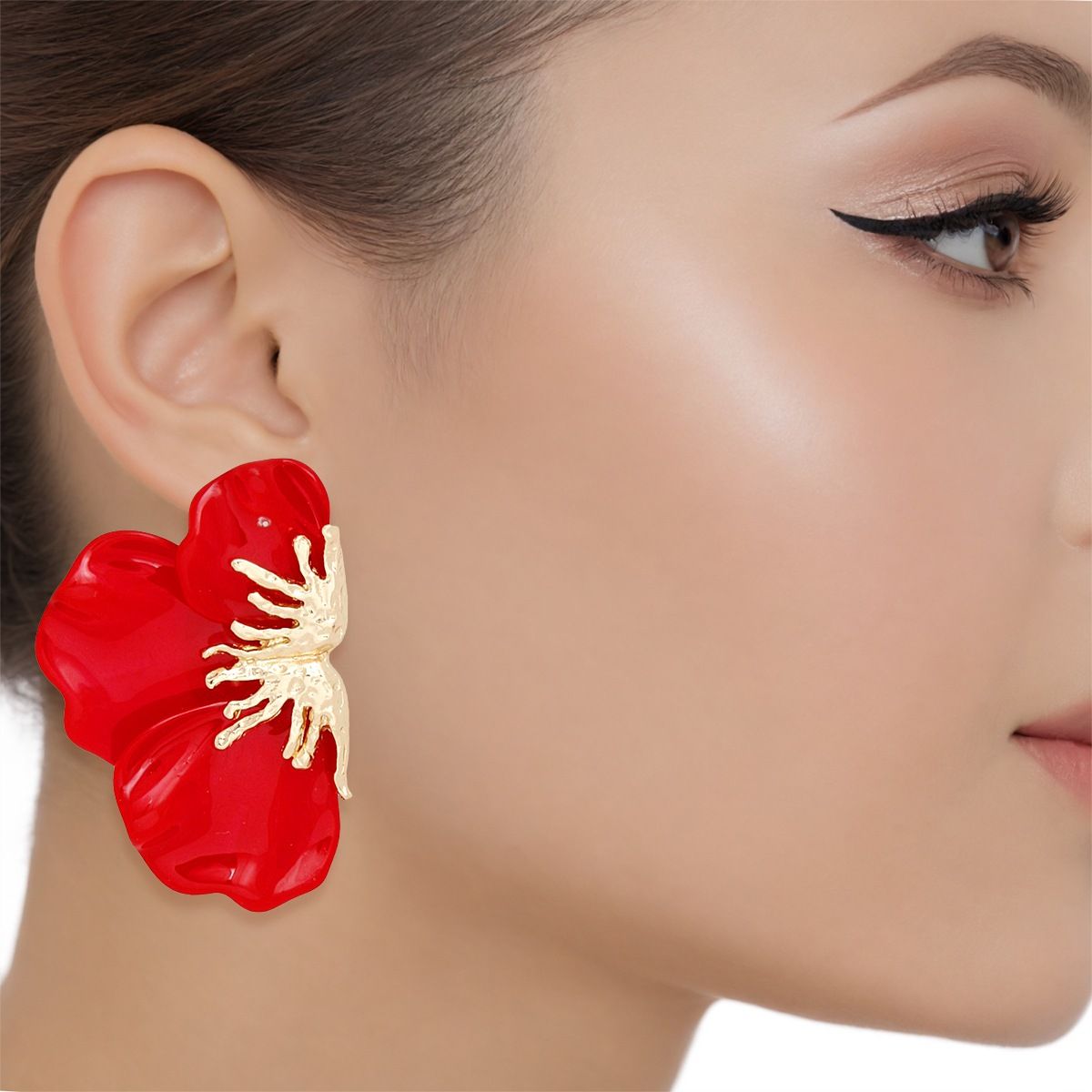 Studs Red Crimson Bloom Triple Petal Earrings