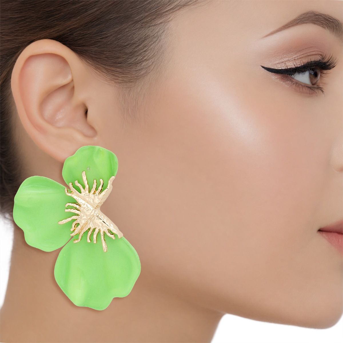Studs Green Tropical Bloom Triple Petal Earrings