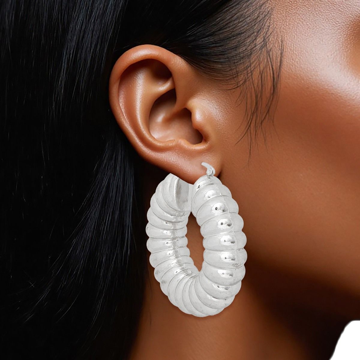 Hoop Silver Chunky Bubble Ribbed Heavy Earrings