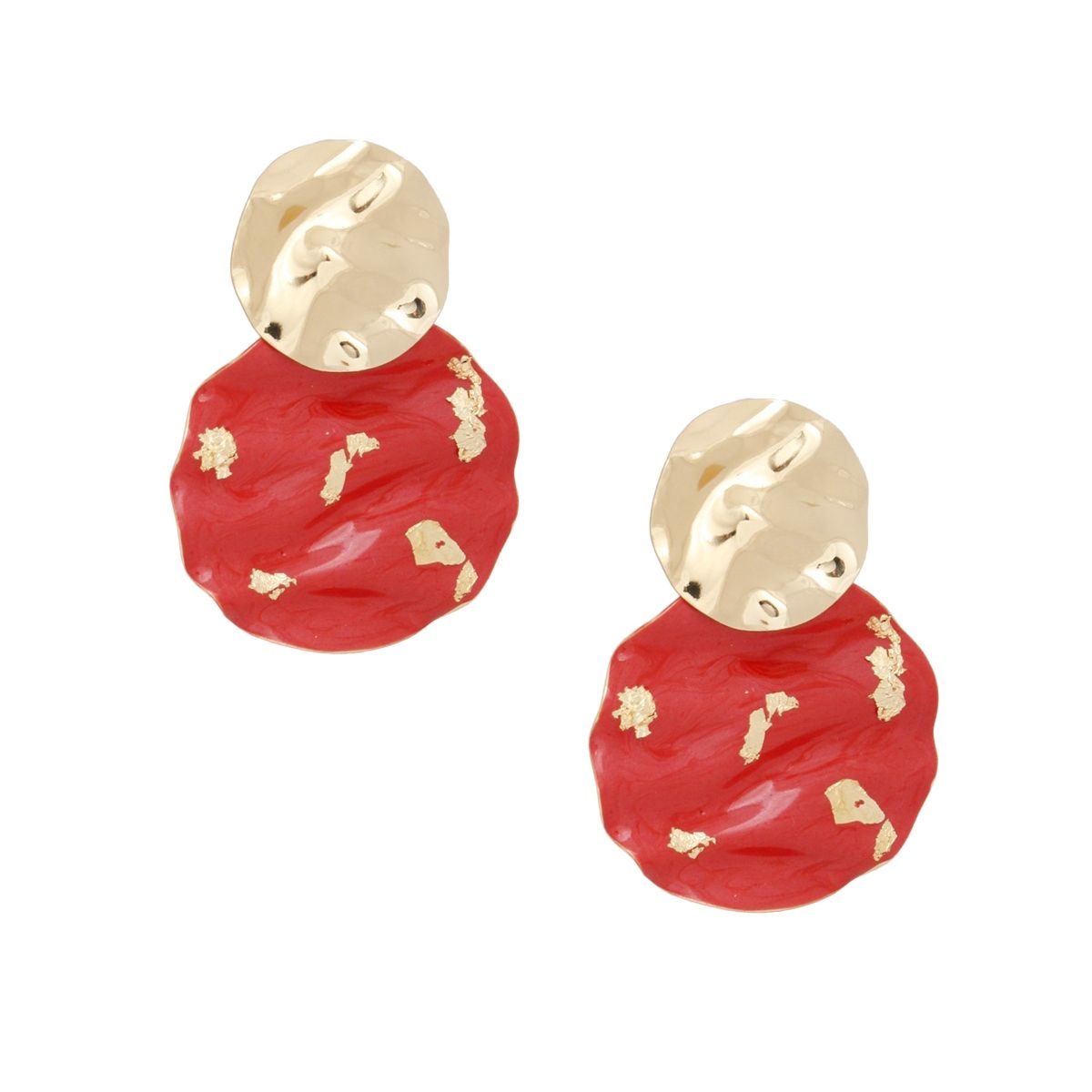 Drop Wavy Gold Red Painted Disc Design Earrings