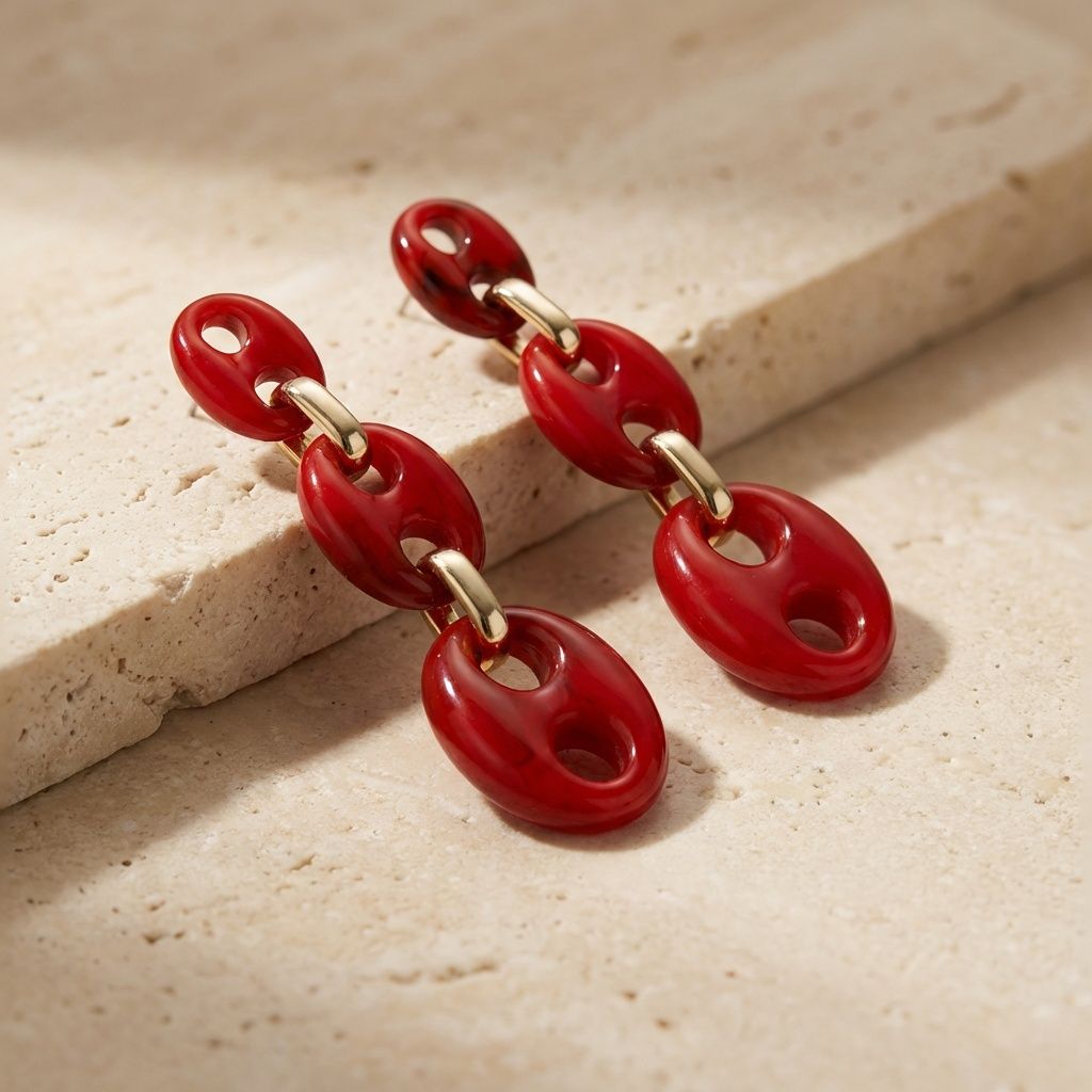 Dangle Vintage Red Resin Anchor Link Earrings