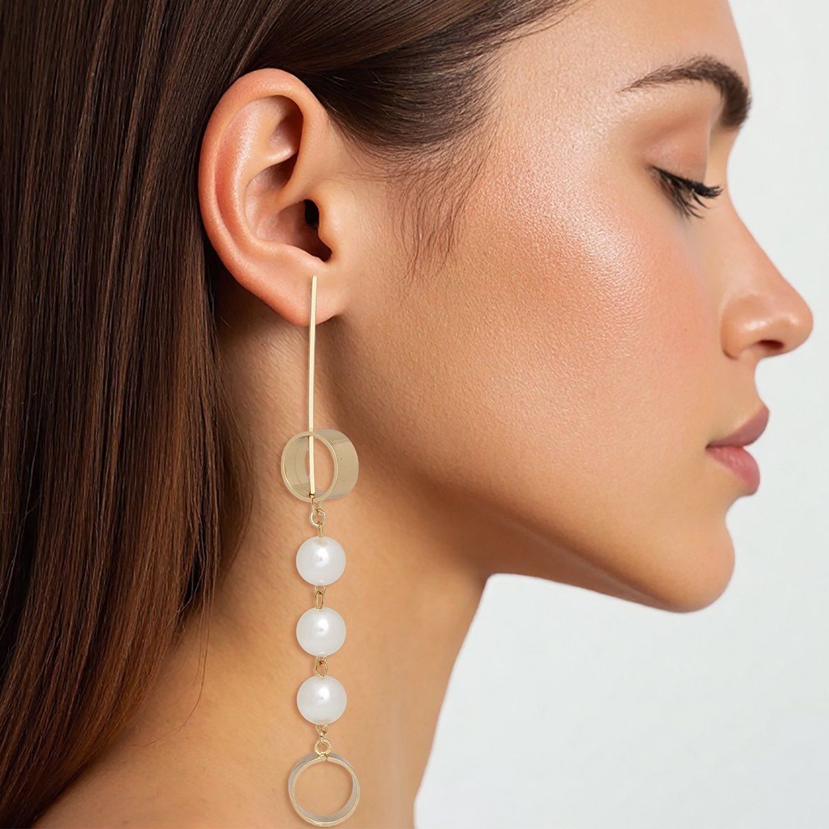 Dangle Long Geometric Gold and Pearl Earrings