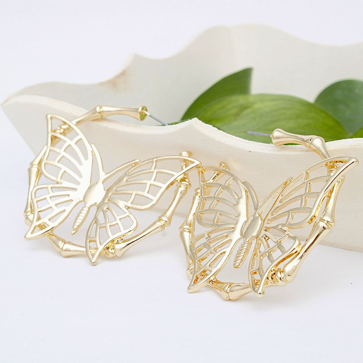 Hoop Dimensional Butterfly Gold Bamboo Earrings