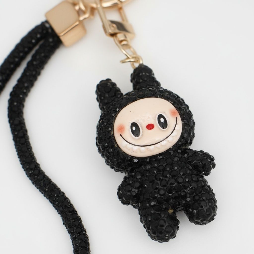 Rhinestone Phone Wrist Strap Black Labubu Keychain