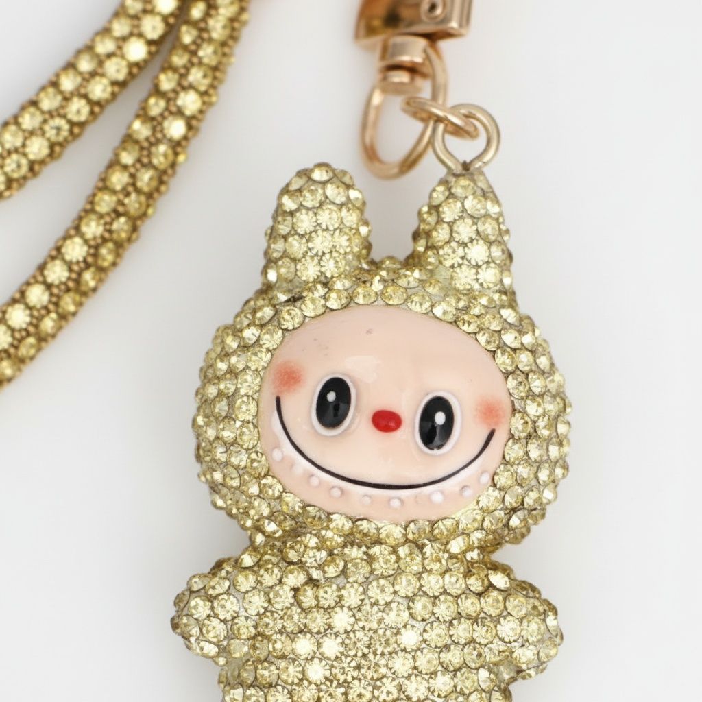 Rhinestone Phone Wrist Strap Gold Labubu Keychain
