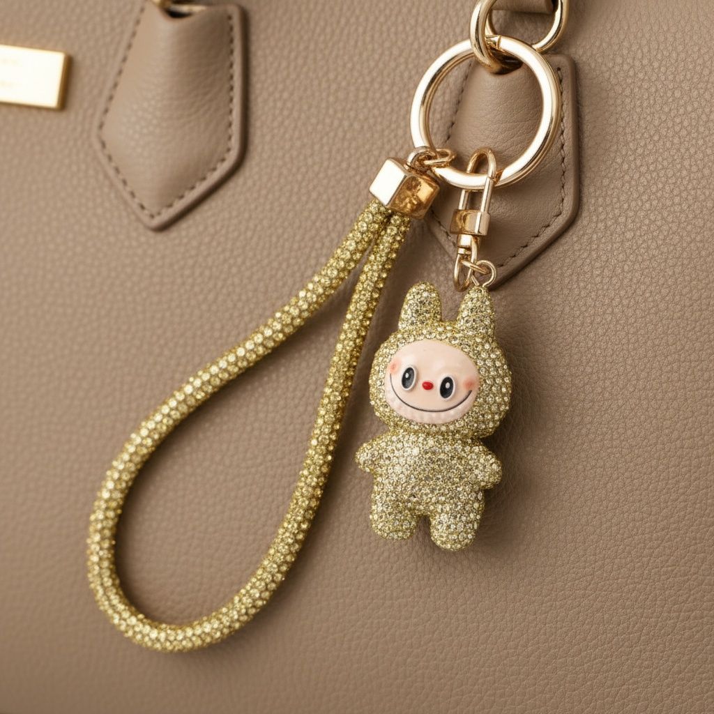 Rhinestone Phone Wrist Strap Gold Labubu Keychain