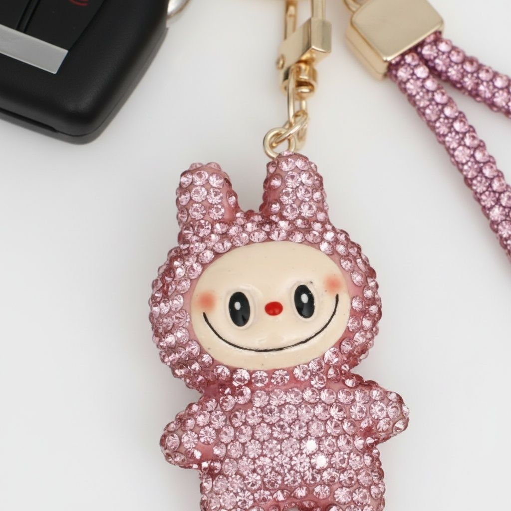 Rhinestone Phone Wrist Strap Pink Labubu Keychain