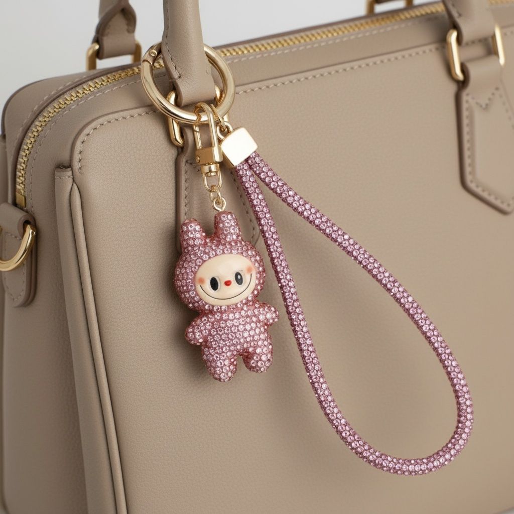 Rhinestone Phone Wrist Strap Pink Labubu Keychain