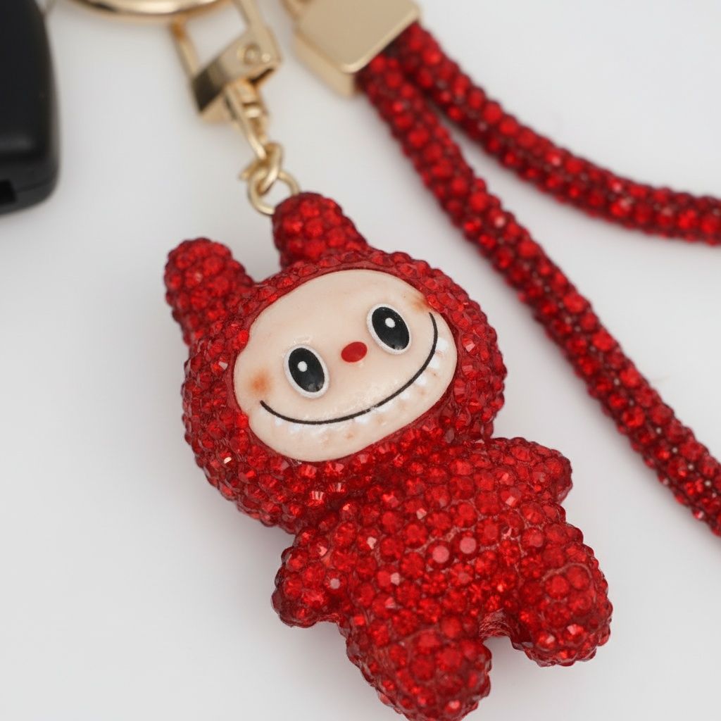 Rhinestone Phone Wrist Strap Red Labubu Keychain