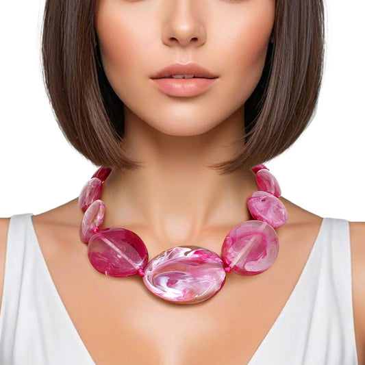 Collar Dark Pink Marbled Chunky Oval Bead Necklace