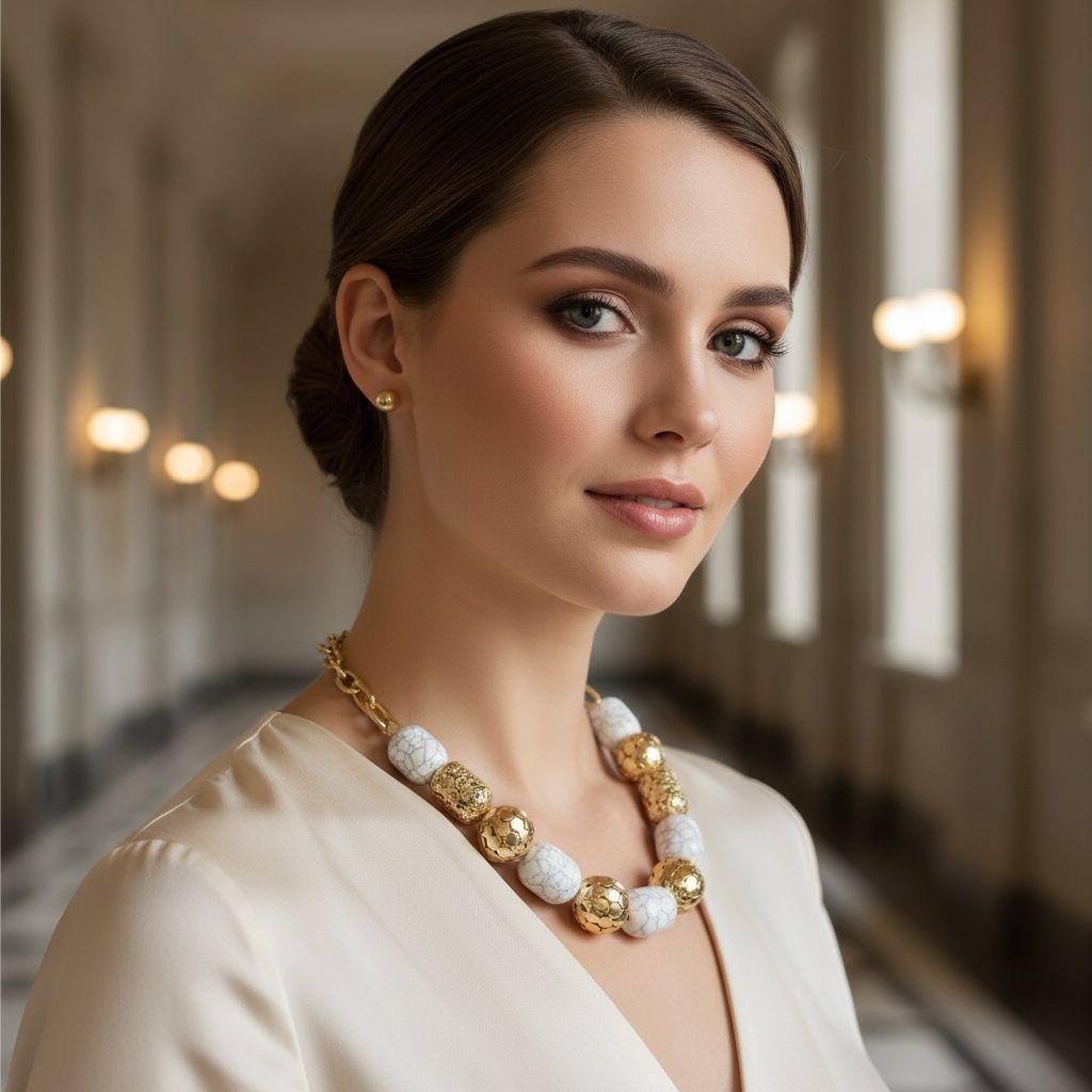 Chunky Cracked White Hollow Metal Bead Necklace