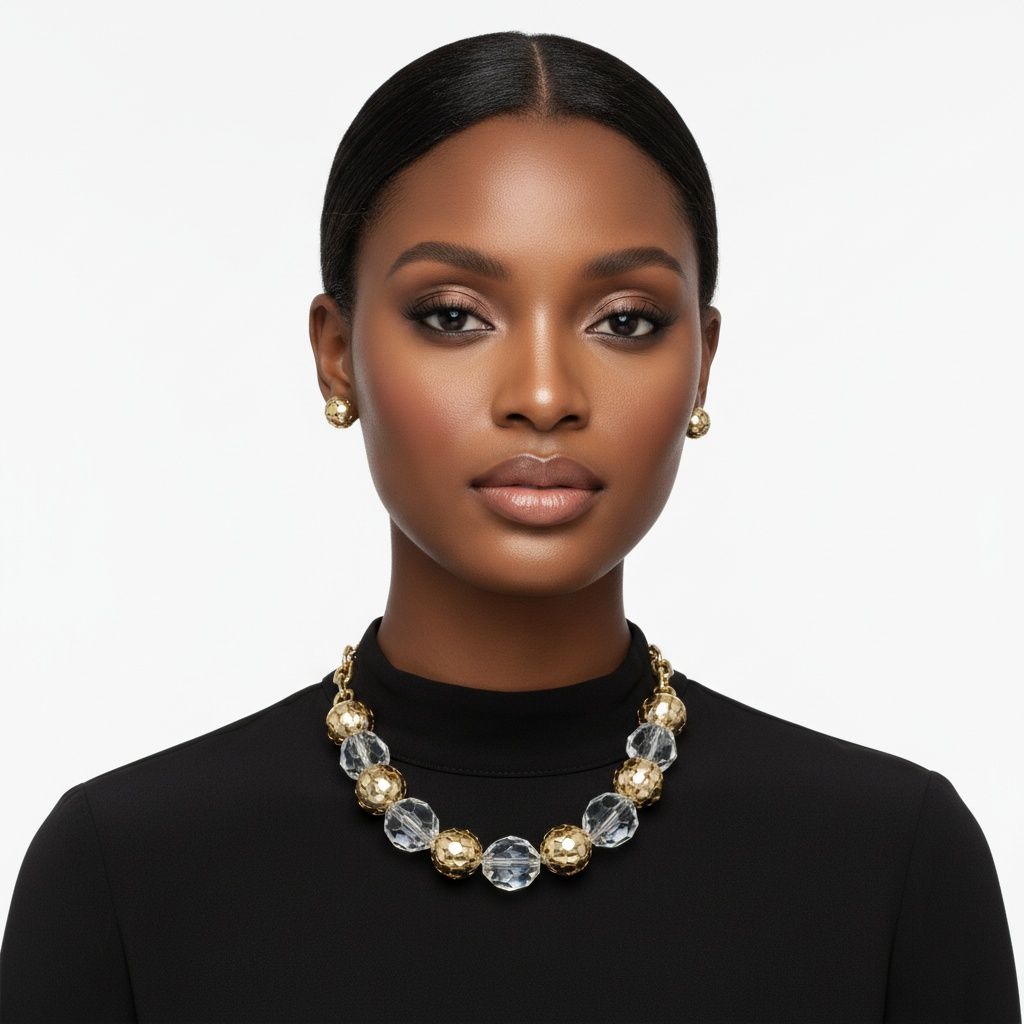 Chunky Faceted Clear and Metal Ball Bead Necklace