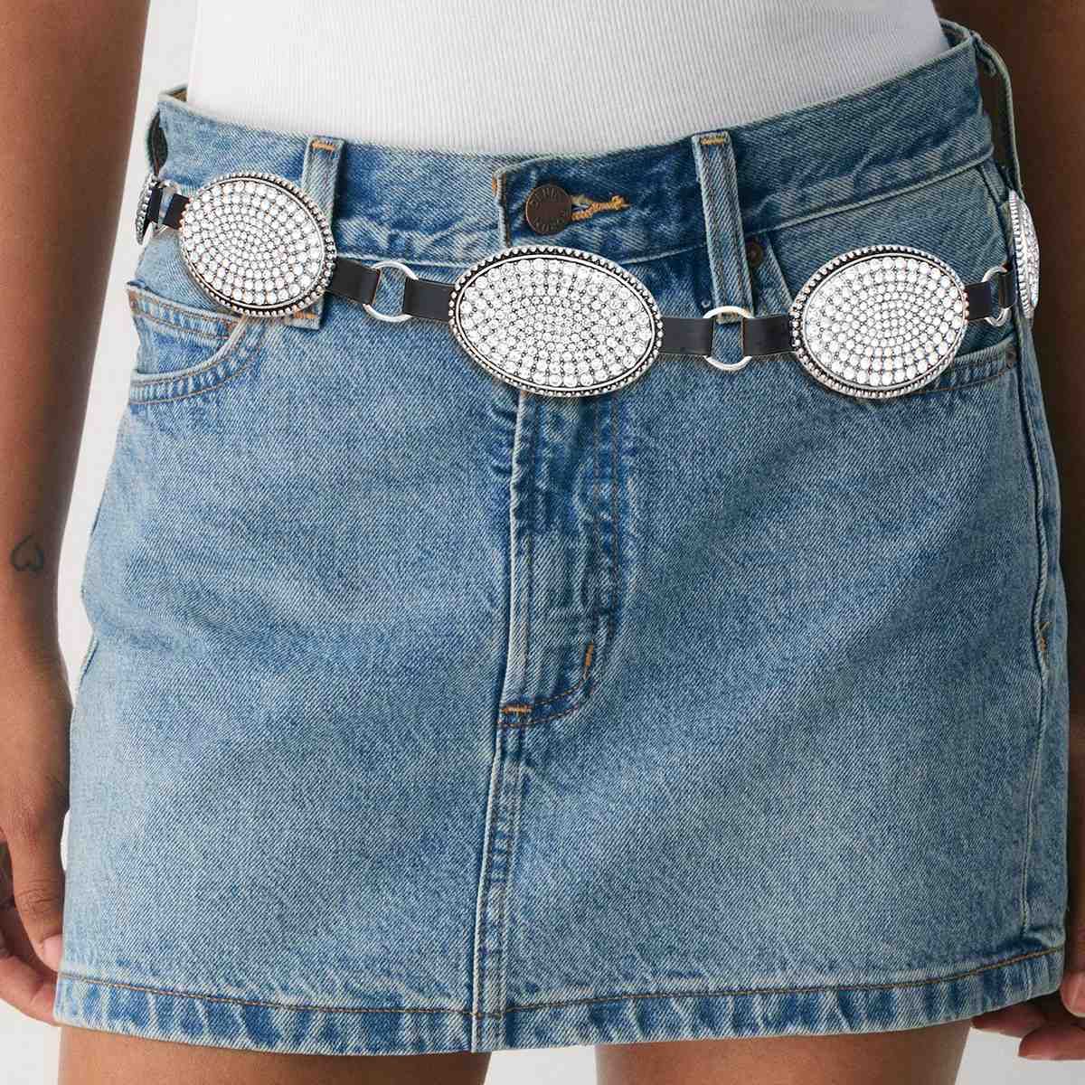 Western Belt Oval Rhinestone Cowboy Silver Chain